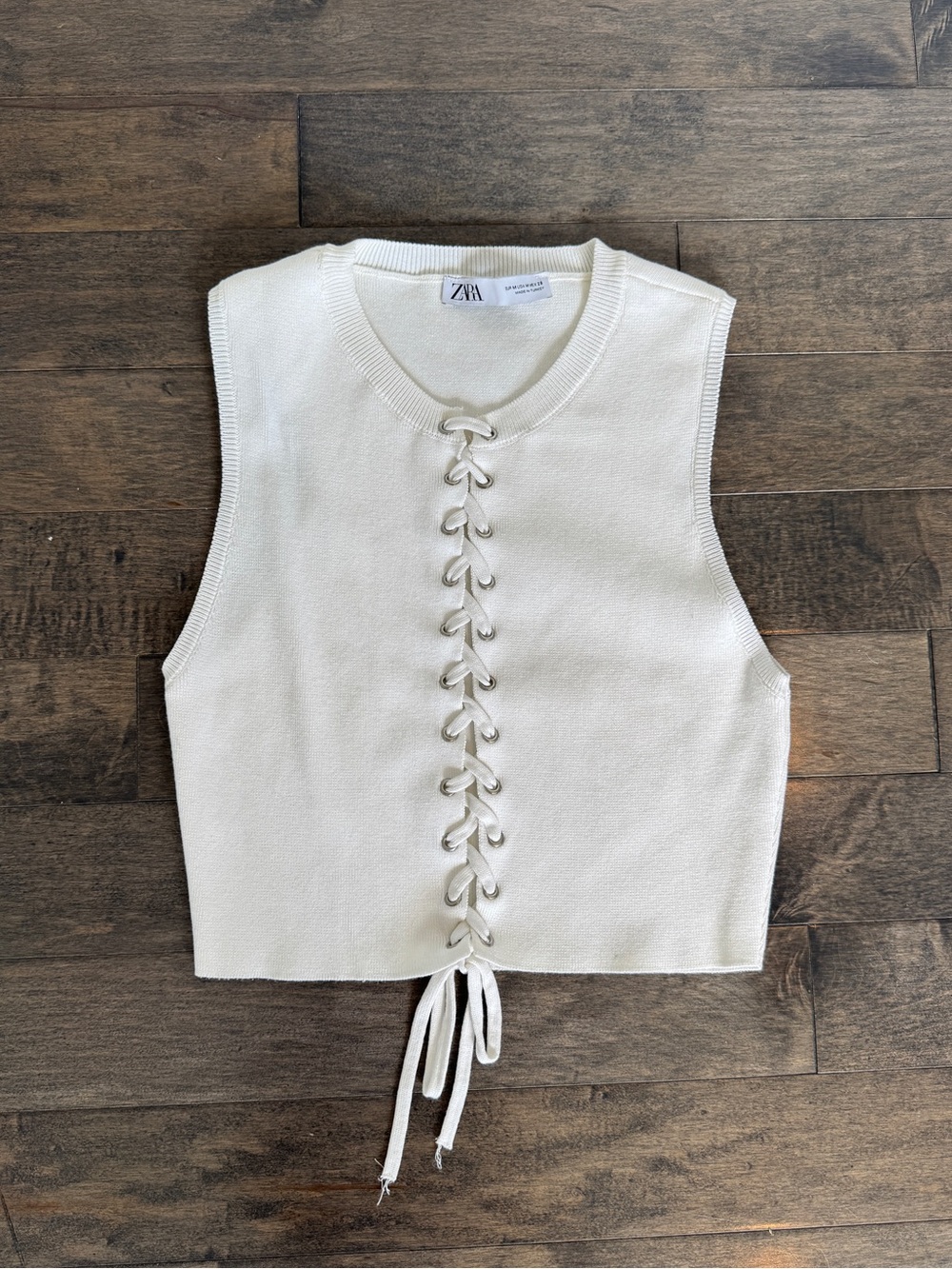 ZARA White Lace-Up Knit Tank Top